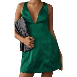 Anthropologie Sleeveless Plunge Satin Green Mini Dress Size 14 Sexy Plunge NEW